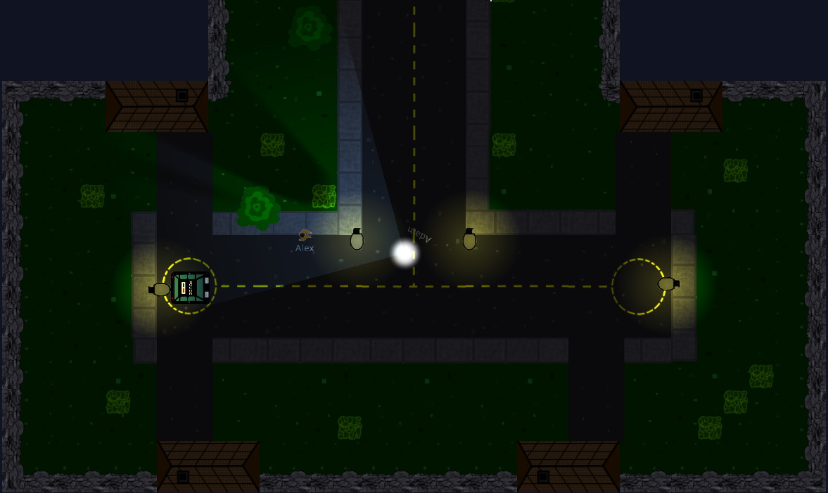 Top-down view of a dark neighbourhood at night. A cop car sweeps its headlights down a street lined with streetlamps while a fugitive hides on a lawn.