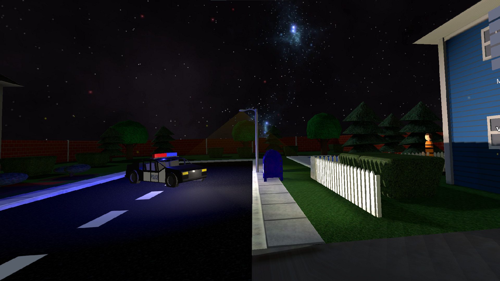 A police cruiser with its red and blue light bar on, parked across a suburban street at night. A fugitive in an orange shirt stands at the edge of a lit driveway.
