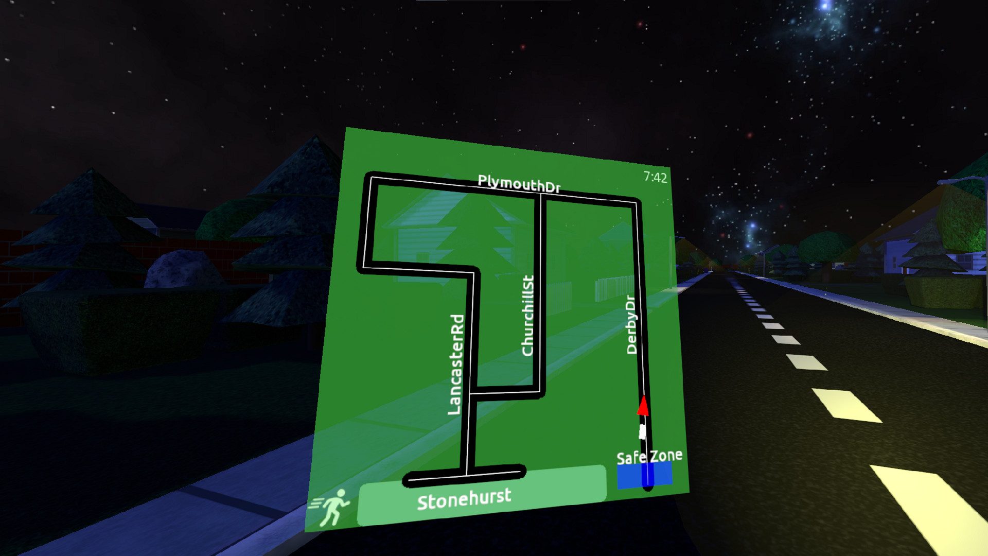 A player holding up a green street map showing named roads and a marked Safe Zone, with a yellow-lined road behind it.