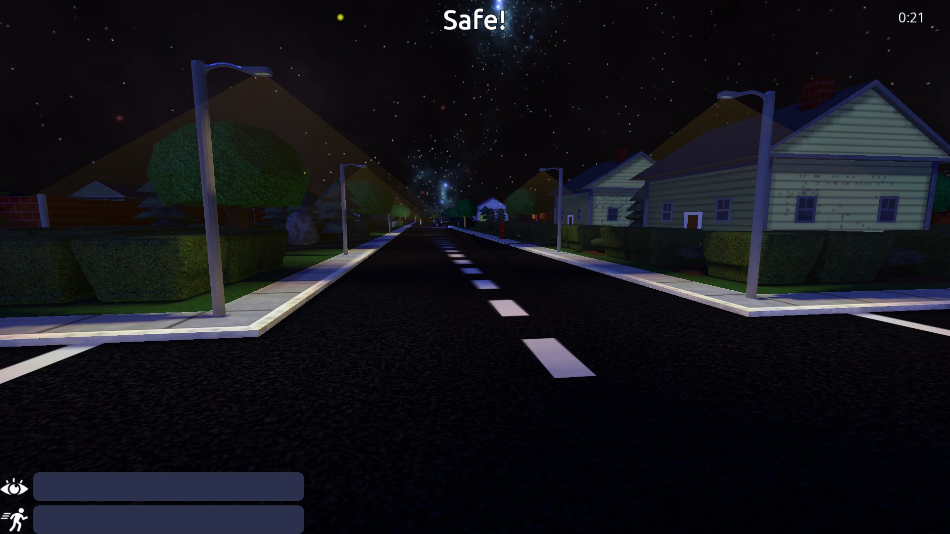 First person view down the middle of a residential street at night, streetlamps casting cones of light, with the word Safe on screen.