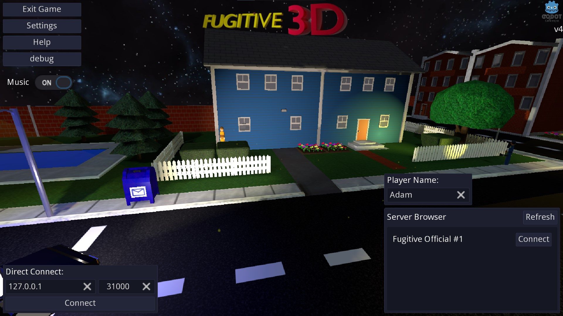 The Fugitive 3D main menu over a night-time street scene, showing a player name field, a server browser listing Fugitive Official #1, and a direct connect box.
