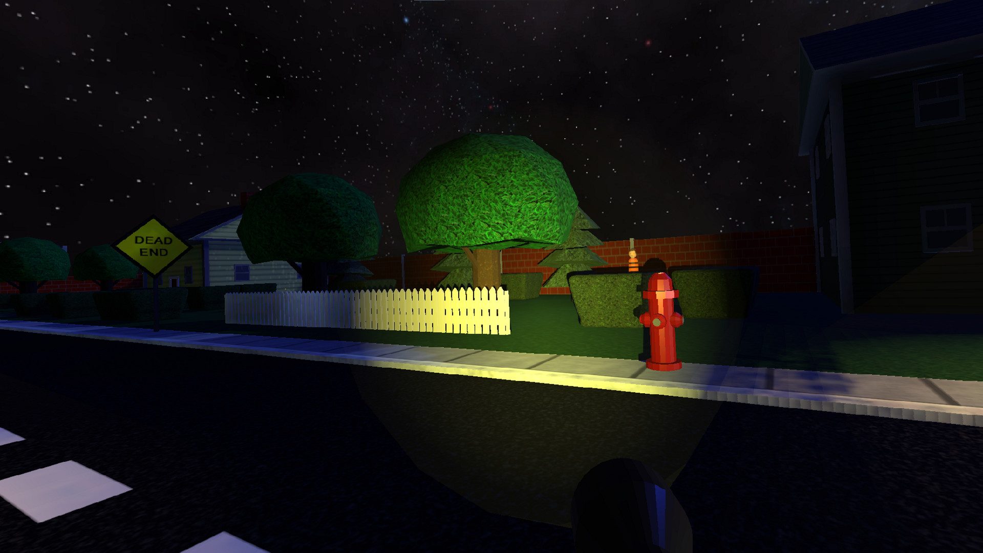 A yellow diamond road sign reading DEAD END beside a fire hydrant, with a flashlight beam thrown across a white picket fence.
