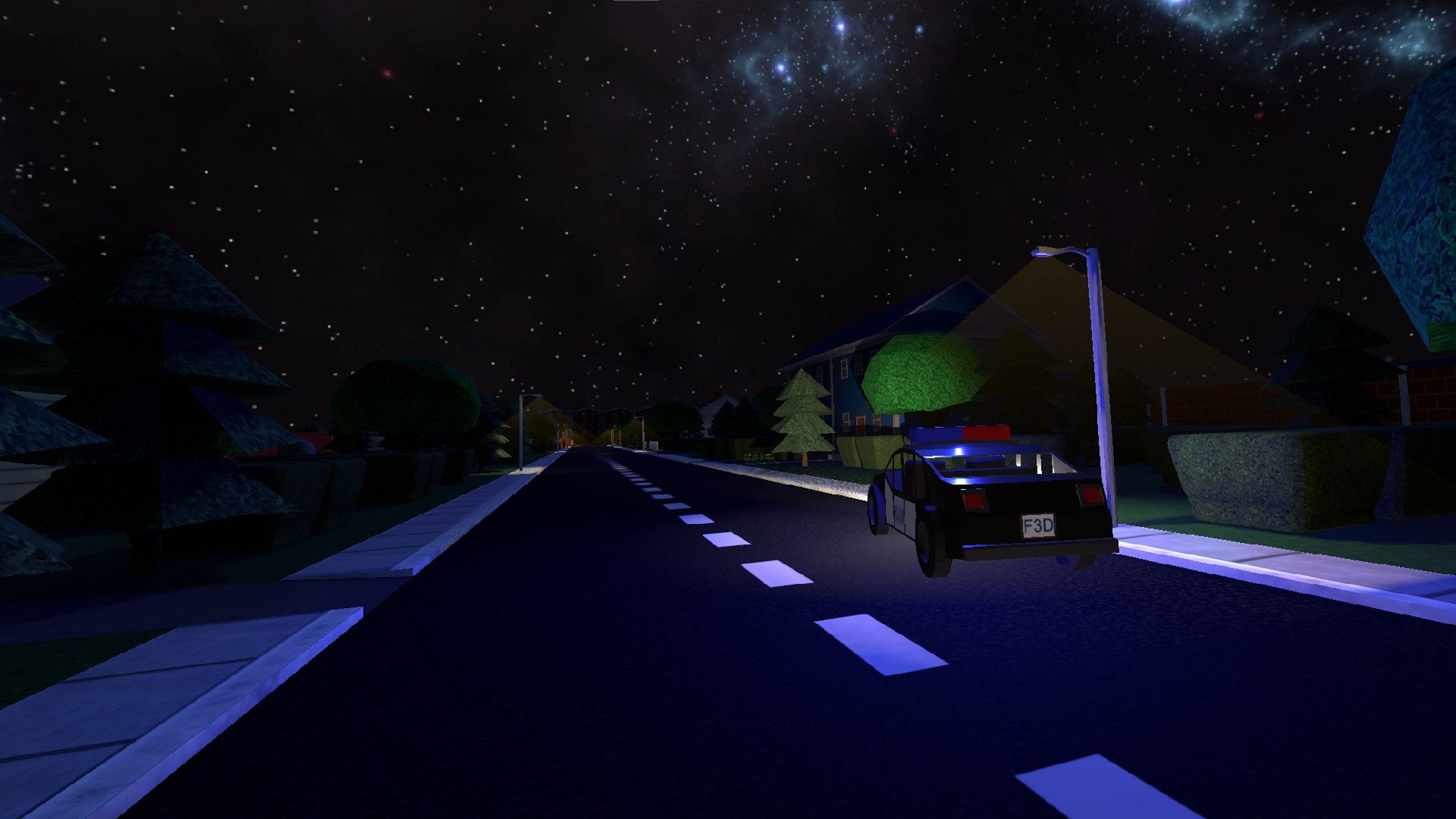 A police cruiser with its light bar on, parked under a streetlamp on a suburban street at night, seen from the middle of the road.