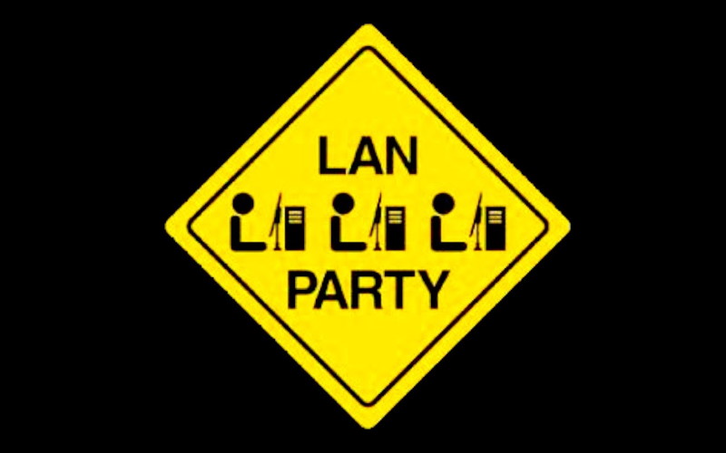 A yellow diamond road sign reading LAN PARTY, with three stick figures at desktop computers.